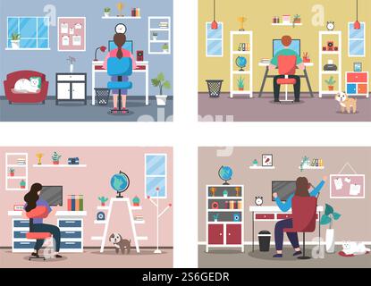 Vektor-Illustration Menschen während der Quarantäne von Coronavirus funktioniert auf Laptops und Computern zu Hause oder am Arbeitsplatz. Remote. Flaches Design Stock Vektor