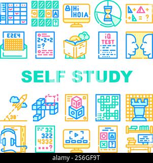 Sammlung Von Lektionen Für Selbststudium Symbole Vektor Festlegen. Selbststudium Hörbuch- Und Videounterricht, Schach- Und Kreuzworträtsel-Spiel, Modellierung Und Iq-Test-Konzept Lineare Piktogramme. Konturfarbe Illustrationen. Sammlung Von Lektionen Für Selbststudium Symbole Vektor Festlegen Stock Vektor