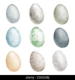 Zarte Ostereier im Set. Digitale Illustration mit Aquarell. Rosafarbene, blaue, grüne und gelbe Eier mit niedlichen Flecken isoliert auf weißem Hintergrund. Feder Stockfoto