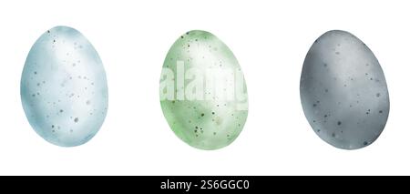 Zarte Ostereier im Set. Digitale Illustration mit Aquarell. Rosafarbene, blaue, grüne und gelbe Eier mit niedlichen Flecken isoliert auf weißem Hintergrund. Feder Stockfoto