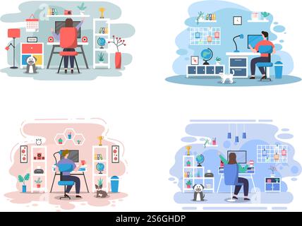 Vektor-Illustration Menschen während der Quarantäne von Coronavirus funktioniert auf Laptops und Computern zu Hause oder am Arbeitsplatz. Remote. Flaches Design Stock Vektor