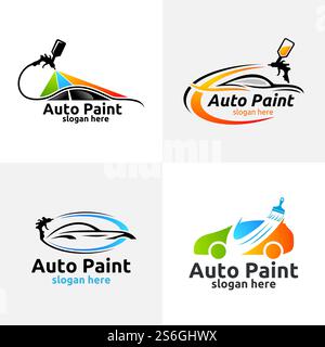Autolackierung Logo mit Spritzpistole und einzigartigem farbenfrohen Fahrzeugkonzept Stock Vektor