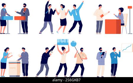 Wahlzeichen. Politischer Kandidat, Wahlplätze. Frau gegen Mann, Diskussion über Politiker. Comic-Debatte, Wahlprozess Vektorsatz. Wahlkampfmann politisch, Abstimmungs- und Wahlabstimmungs-Illustration. Wahlzeichen. Politischer Kandidat, Wahlplätze. Frau gegen Mann, Diskussion über Politiker. Comic-Debatte, Wahlprozess Vektorsatz Stock Vektor