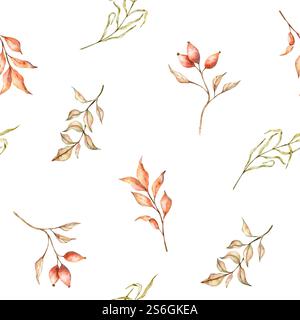 Hand gezeichnete Hagebutte und Zweige der Blätter Wasserfarben Fall Illustration Hintergrund für Textil, Stoff, Tapete und Verpackungsdesign. Getrocknete Blätter Stockfoto