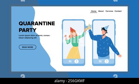 Quarantäne-Party-Feier Mit Freunden Vektor. Online Quarantäne Party Feiert Jungen Mann Und Frau Zusammen, Internet-Videoanrufe Und Kommunikation. Zeichentrickfilm-Illustration Für Zeichen Im Web. Quarantäne-Party-Feier Mit Freunden Vektor Stock Vektor