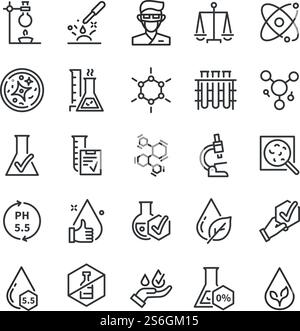 Symbole mit Qualitätsprüfung. Dermatologie, künstliches freies oder hypoallergenes Symbol. Hauttests, kein Geschmack und kein Alkohol. Vektorsymbole suchen. Geprüfte hypoallergene, medizinisch zertifizierte Illustration. Symbole mit Qualitätsprüfung. Dermatologie, künstliches freies oder hypoallergenes Symbol. Hauttests, kein Geschmack und kein Alkohol. Vektorsymbole suchen Stock Vektor