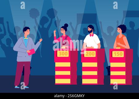 Quizshow. Trivia-Spiel, Showman und tv-Spieler. Flat-Wettbewerb-Programmsieger, Frage-TV-Puzzle-Vektor-Illustration. Quiz-Show für Fernsehwettbewerbe, Fragebogen-Wettbewerb. Quizshow. Trivia-Spiel, Showman und tv-Spieler. Flat-Wettbewerb-Programmsieger, Frage-TV-Puzzle-Vektor-Illustration Stock Vektor