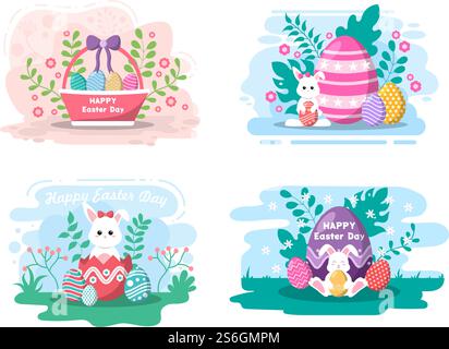 Happy Easter Day Flat Design Illustrationshintergrund für Poster, Einladung und Grußkarte. Kaninchen- und Eierkonzept Stock Vektor