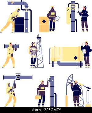 Ölindustrie. Erdölingenieure, Ölarbeiter arbeiten. Herstellung und Raffinerie von Benzinölen. Isolierte Petrochemie-Fabrikarbeiter Vektorsatz. Petroleumindustrie, Illustration der Ölindustrietechnologie. Ölindustrie. Erdölingenieure, Ölarbeiter arbeiten. Herstellung und Raffinerie von Benzinölen. Isolierte Petrochemie-Fabrikarbeiter Vektorsatz Stock Vektor