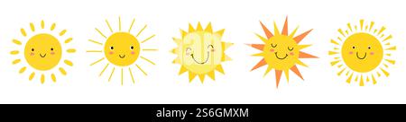 Süße Sonnen. Sonnenschein-Emoji, süße lächelnde Gesichter. Sommersonnenemoticons und sonniges Wetter am Morgen. Isolierte lustige Smileys Vektorsymbole. Sonnenschein und sonniges Emoji, gelbe Gesichts-Emoticon-Illustration. Süße Sonnen. Sonnenschein-Emoji, süße lächelnde Gesichter. Sommersonnenemoticons und sonniges Wetter am Morgen. Isolierte lustige Smileys Vektorsymbole Stock Vektor
