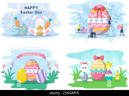 Happy Easter Day Flat Design Illustrationshintergrund für Poster, Einladung und Grußkarte. Kaninchen- und Eierkonzept Stock Vektor