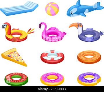 Aufblasbarer Schwimmer. Niedliche Meerwassermatratze, Sommer-Poolparty-Accessoires. Kinder Gummiring, Schwimmer Donut Flamingo Pizza Vektor Set. Aufblasbare Gummimatratze und Flamingo-Illustration. Aufblasbarer Schwimmer. Niedliche Meerwassermatratze, Sommer-Poolparty-Accessoires. Kinder Gummiringe, Schwimmer Donut Flamingo Pizza Vektor Set Stock Vektor