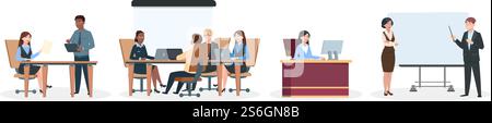 Büromitarbeiter. Geschäftssituationen, Brainstorming und Diskussion. Teamarbeit, Vorgesetzte sitzt am Schreibtisch, Manager oder Teamleiter in der Nähe der Infotafel. Cartoon professionelle Vektor-Illustration. Büromitarbeiter. Geschäftssituationen, Brainstorming und Diskussion. Teamarbeit, Vorgesetzte sitzt am Schreibtisch, Manager oder Teamleiter in der Nähe der Infotafel Stock Vektor