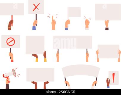 Demonstranten Banner. Hände halten Politik Pfosten leere Zeichen Manifestation Vektor Sammlung. Manifestationsprotest, Demonstrationsplakette halten Illustration. Demonstranten Banner. Hände halten Politik Pfosten leere Zeichen Manifestation Vektor Sammlung Stock Vektor