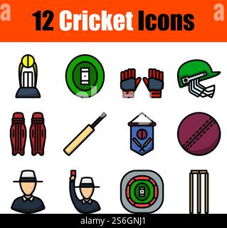 Cricket-Icon-Set. Editierbare Fett Formatigte Kontur Mit Farbfüllungsdesign. Vektorgrafik. Stock Vektor