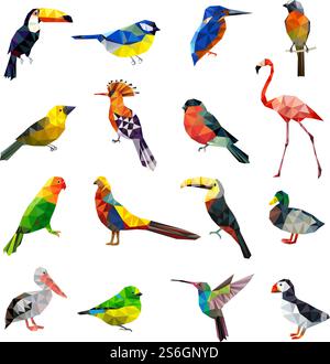 Polygonale Vögel. Geometrische stilisierte Tiere Set fliegende farbige Vögel Low Poly Vektor Set. Geometrisches Polygon Origami, farbenfrohe Tierillustration. Polygonale Vögel. Geometrische stilisierte Tiere Set fliegende farbige Vögel Low Poly Vektor Set Stock Vektor