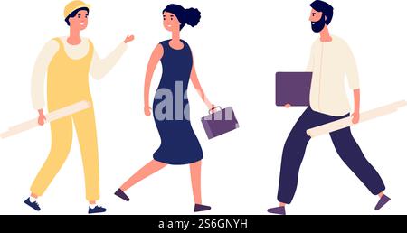 Architekturgeschäft. Geschäftsfrau und Ingenieure. Isolierte Wohnung Frau sprechen mit Bauherren, Cartoon-Architekten oder Bauarbeiter Vektor-Illustration. Professioneller Ingenieur und Architekt. Architekturgeschäft. Geschäftsfrau und Ingenieure. Isolierte Wohnung Frau sprechen mit Bauherren, Cartoon-Architekten oder Bauarbeiter Vektor-Illustration Stock Vektor