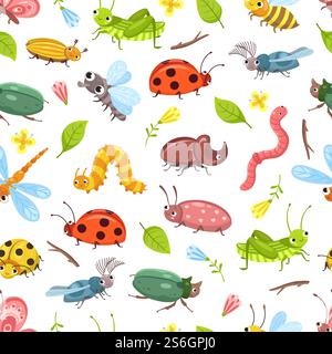 Käfer-Muster. Isolierte Käfer, Marienkäfer Libelle, Baby Textil Design. Niedliche wilde Insekten Hintergrund. Floral Forest Vektor nahtlose Textur. Marienkäfer und Libelle, Insekten und Käfer Illustration. Käfer-Muster. Isolierte Käfer, Marienkäfer Libelle, Baby Textil Design. Niedliche wilde Insekten Hintergrund. Floral Forest Vektor nahtlose Textur Stock Vektor