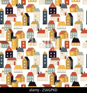 Hausmuster. Winzige Stadt, süßer skandinavischer Hintergrund mit Häusern. Ländlicher Lebensstil, Nachbarschaftsvektor nahtlose Textur. Städtische, winzige, städtische Zeichentrickillustration. Hausmuster. Winzige Stadt, süßer skandinavischer Hintergrund mit Häusern. Ländlicher Lebensstil, Nachbarschaftsvektor nahtlose Textur Stock Vektor