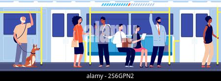 Personen in öffentlichen Verkehrsmitteln. U-Bahn-Fahrt, Menschenmenge in der städtischen Metro. Überfüllte Kutsche, moderne Stadt Transport Vektor Illustration. Öffentliche Verkehrsmittel U-Bahn. Personen in öffentlichen Verkehrsmitteln. U-Bahn-Fahrt, Menschenmenge in der städtischen Metro. Überfüllte Kutsche, moderne Stadt Transport Vektor Illustration Stock Vektor