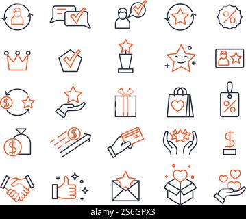 Treueprogramm. Symbole des Einkaufsbonus-Systems. Geschenke und Prämien für Kunden, Lottopreise. Karte austauschen, Vektorsymbole setzen. Illustration zum Sammeln von Bonuspunkten, Prämien und Treueprogrammen. Treueprogramm. Symbole des Einkaufsbonus-Systems. Geschenke und Prämien für Kunden, Lottopreise. Karte austauschen, Vektorsymbole setzen Stock Vektor