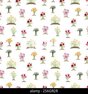 Gartenblumenmuster. Bunte Tulpen Gänseblümchen, grüne Pflanze im Boden. Pflanzen oder Gartenarbeiten, Blumenmuster der Saison. Blumenvektor nahtlose Textur. Blumenmuster Sommerstrauß Illustration. Gartenblumenmuster. Bunte Tulpen Gänseblümchen, grüne Pflanze im Boden. Pflanzen oder Gartenarbeiten, Blumenmuster der Saison. Blumenvektor nahtlose Textur Stock Vektor