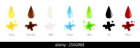 Realistische Flüssigkeitstropfen. Bunte Flüssigkeitstropfen. Fallendes Benzin-Öl-Milch-Honig-Blut. Isolierte Spritzer Wasser und Schleim. Tröpfchenvektorsatz. Realistische Darstellung von Flüssigkeit, Sirup und Tau, Schmiermittel. Realistische Flüssigkeitstropfen. Bunte Flüssigkeitstropfen. Fallendes Benzin-Öl-Milch-Honig-Blut. Isolierte Spritzer Wasser und Schleim. Tröpfchenvektorsatz Stock Vektor