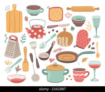 Küchenwerkzeuge. Küchenutensilien, Kochutensilien. Kritzelei-Keramikkocher, Spachtel und Glas. Isolierte moderne Haushaltselemente Vektorset. Kochwerkzeug Haushalt, Utensilien Küchenutensilien Illustration. Küchenwerkzeuge. Küchenutensilien, Kochutensilien. Kritzelei-Keramikkocher, Spachtel und Glas. Isolierte moderne Haushaltselemente Vektorset Stock Vektor