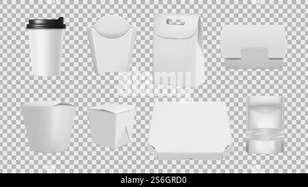 Fastfood-Paket. Realistische 3D-Vektormodelle für Lebensmittelverpackungen. Illustration Behälterpackung für Lebensmittel, realistische Pappe. Fastfood-Paket. Realistische 3D-Vektormodelle für Lebensmittelverpackungen Stock Vektor