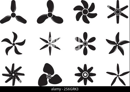Flugzeugpropeller. Motion Symbols Jet Aviation leistungsstarke Icons Ventilator Kreise Vektor-Abzeichen Kollektion. Abbildung Ventilator und Propeller, Windrotation. Flugzeugpropeller. Motion Symbols Jet Aviation leistungsstarke Icons Ventilator Kreise Vektor-Abzeichen Kollektion Stock Vektor