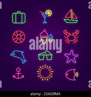 Sommer-Symbole. Neonsymbole für die Sommerbeleuchtung. Sonnenbrille, Cocktail, Jacht und Fisch glühende LED-Vektor-Set. Cocktail, beleuchtetes Eisabzeichen, bunte Yacht-Illustration. Sommer-Symbole. Neonsymbole für die Sommerbeleuchtung. Sonnenbrille, Cocktail, Jacht und Fisch glühende LED-Vektor-Set Stock Vektor