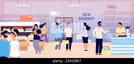 Öko-Lebensmittelgeschäft. Menschen mit eigenen Textiltüten kaufen Gemüse, Obst, Bio-Produkte. Ökomarkt, Kunden und Kassierer-Vektor-Illustration. Öko-Lebensmittel, Lebensmittelsupermarkt, Einkäufer kaufen Bio. Öko-Lebensmittelgeschäft. Menschen mit eigenen Textiltüten kaufen Gemüse, Obst, Bio-Produkte. Ökomarkt, Kunden und Kassierer-Vektor-Illustration Stock Vektor