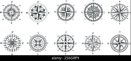 Windrosen-Kompass. Vintage Marinekomasse, nautische Segeln Navigation Reiseschilder, Retro Pfeile Zeiger Vektor Symbole. Kompassrichtung, Abbildung der Werkzeuge zur Erforschung der nautischen Reise. Windrosen-Kompass. Vintage Marinekomasse, nautische Segeln Navigation Reiseschilder, Retro Pfeile Zeiger Vektor Symbole Stock Vektor