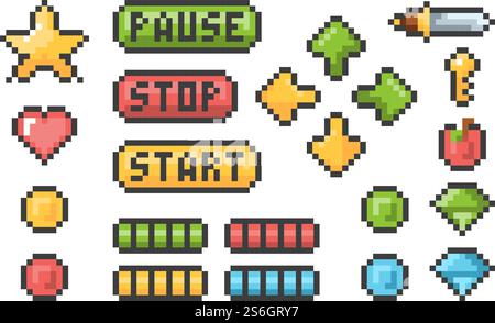 Pixel-Schaltflächen. Retro-Videospiele Trophäen-Piktogramm Menüleisten ui-Elemente Vektor-Pixelsatz. Illustration Button Spiel Sammlung, Web Retro Pixel. Pixel-Schaltflächen. Retro-Videospiele Trophäen-Piktogramm Menüleisten ui-Elemente Vektor-Pixelsatz Stock Vektor
