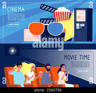 Banner für Kinobesucher. Glückliches Paar, das Filme sieht, die in Kinosaal-Vektorkonzept sitzen. Illustration Kino Film, Bannerfilm Unterhaltung. Banner für Kinobesucher. Glückliches Paar, das Filme sieht, die in Kinosaal-Vektorkonzept sitzen Stock Vektor