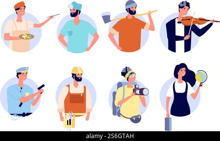 Professionelle Avatare. Verschiedene Berufsgruppen mit Arbeitsgeräten und -Geräten. Frau Mann Lehrer, Doktor Builder Polizist Vektor-Set. Avatararbeiter in Uniform, Berufsarbeit Illustration. Professionelle Avatare. Verschiedene Berufsgruppen mit Arbeitsgeräten und -Geräten. Frau Mann Lehrer, Doktor Builder Polizist Vektor-Set Stock Vektor