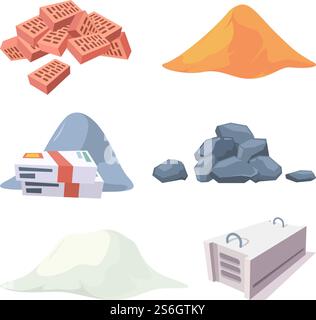 Sammlung von Baumaterialien. Ausrüstung für Bauherren Zement Sandsteine Pfahlgips Blocksteine Vektorbilder. Abbildung von Pfahlsand für Bauindustrie und Renovierung. Sammlung von Baumaterialien. Ausrüstung für Bauherren Zement Sandsteine Pfahlgips Blocksteine Vektorbilder Stock Vektor