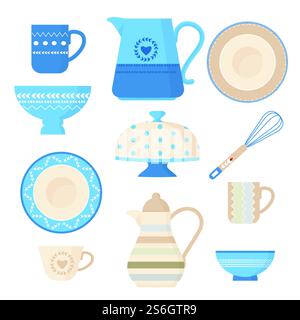 Keramische Kochgeschirr. Küchenutensilien trendige dekorative Werkzeuge Platte Schüssel handgemachte Geschirr Teekannen Tassen und Tassen Vektor Illustrationen. Teller und Schüssel, Krug und Teetasse, Musterkrug und Kanne. Keramische Kochgeschirr. Küchenutensilien trendige dekorative Werkzeuge Platte Schüssel handgemachte Geschirr Teekannen Tassen und Tassen Vektor Illustrationen Stock Vektor