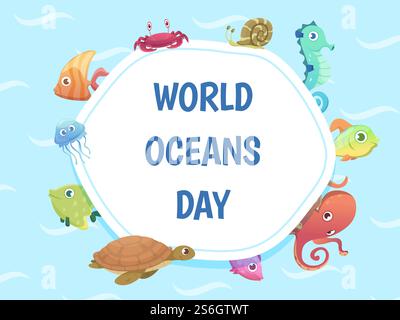 Weltmeertag-Poster. Speichern Sie den Wasserhintergrund. Meer wilde Tiere Vektor-Illustration. Meeresumwelt, Seesterne und Schnecken, Schildkröten und Tierwelt. Weltmeertag-Poster. Speichern Sie den Wasserhintergrund. Meer wilde Tiere Vektor-Illustration Stock Vektor