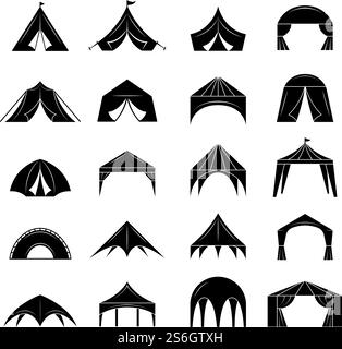 Event-Zelt. Festzelt aus schwarzem Canvas-Pavillon für Partyveranstaltungen Vektor-Silhouetten-Kollektion. Faltendes Vordach, Hochzeitspavillon, Leinwand Marque Illustration. Event-Zelt. Festzelt aus schwarzem Canvas-Pavillon für Partyveranstaltungen Vektor-Silhouetten-Kollektion Stock Vektor