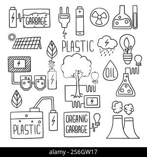 Energie-Kritzeleien. Elektrizität grüne Erzeugung Brennstoffspeicher Erweiterung Flammen Gebäude Fabrik Vektor Symbole. Umweltfreundliche Produktionsskizze, Öko-Illustration der Elektrizitätsindustrie. Energie-Kritzeleien. Elektrizität grüne Erzeugung Brennstoffspeicher Erweiterung Flammen Gebäude Fabrik Vektor Symbole Stock Vektor