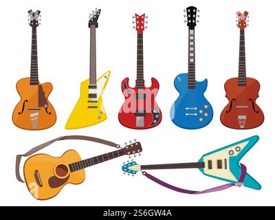 Gitarren. Musik Sound spielt Instrumente klassische Akustik- und Rockgitarren Vektorsammlung. Akustikgitarre, Instrument Rock Play Illustration. Gitarren. Musik Sound spielt Instrumente klassische Akustik- und Rockgitarren Vektorsammlung Stock Vektor