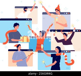 Online-Weihnachtsfeier. Leute, die Neujahr feiern, fröhliche Freunde im Videochat. Mann Frau mit Champagner Konfetti Geschenk Vektor Illustration. Online-Party, Leute rufen an und feiern. Online-Weihnachtsfeier. Leute, die Neujahr feiern, fröhliche Freunde im Videochat. Mann Frau mit Champagner Konfetti Geschenk Vektor Illustration Stock Vektor