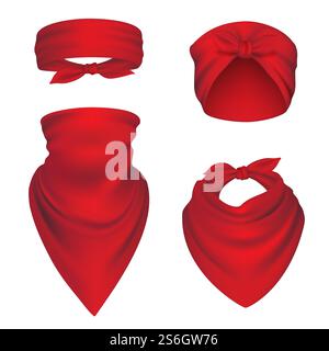 Bandanas realistisch. Stirnbänder für Biker Sportschutz Gangster Schal für Kopf-Hals-Vektor-Mockup. Illustrationsschal realistische Kleidung aus Bandana-Stoff. Bandanas realistisch. Stirnbänder für Biker Sportschutz Gangster Schal für Kopf-Hals-Vektor-Mockup Stock Vektor