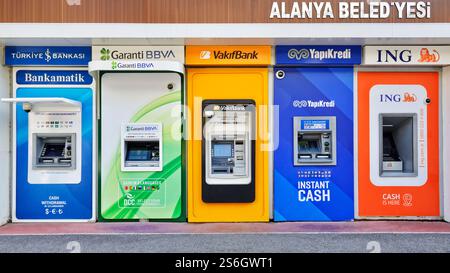 ATM Cash Machines, Alanya, Turkey. Holiday resort ATMs providing tourists access to cash. Stock Photo