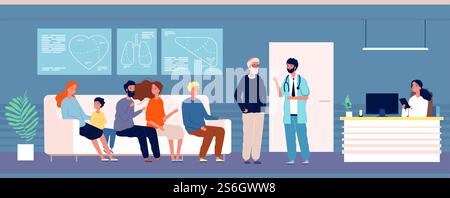 Wartende Patienten. Krankenhausräume mit Personen ärztliche Sprechstunde Klinik Innenvektorarzt. Illustration medizinisches Inneres, Fachklinikbüro, Gesundheitsberatung. Wartende Patienten. Krankenhausräume mit Personen ärztliche Sprechstunde Klinik Innenvektorarzt Stock Vektor