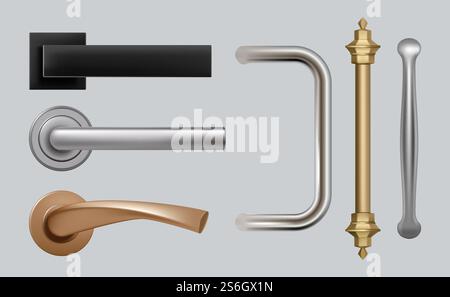 Türgriffe. Moderne detaillierte hochwertige Vektorbilder Stahlmetallgriffe für Möbel. Griff Türkollektion realistische, klassische detaillierte Illustration. Türgriffe. Moderne detaillierte hochwertige Vektorbilder Stahlmetallgriffe für Möbel Stock Vektor