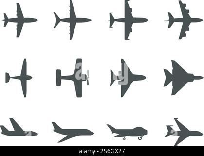Ebenensymbole. Flugzeugsilhouetten Jet Aviation Transport für Reise-Vektor-Symbole oder Piktogramme. Illustration Flugzeug Silhouette, Flugzeug und Flugzeug. Ebenensymbole. Flugzeugsilhouetten Jet Aviation Transport für Reise-Vektor-Symbole oder Piktogramme Stock Vektor