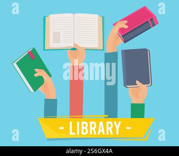 Hände mit Büchern. Bibliothekspersonen mit Öffnungsbüchern Vektorkonzept des Lernvektorsatzes. Bibliotheksausweis für Bildung und Bereich in der Universitätsabbildung. Hände mit Büchern. Bibliothekspersonen mit Öffnungsbüchern Vektorkonzept des Lernvektorsatzes Stock Vektor