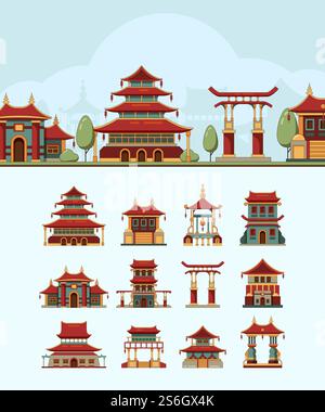 China-Häuser. Traditionelle Ostgebäude schöne Dach japan architektonische Objekte Vektor flache Illustrationen. Japanisches Gebäude, traditionelles chinesisches Haus. China-Häuser. Traditionelle Ostgebäude schöne Dach japan architektonische Objekte Vektor flache Illustrationen Stock Vektor